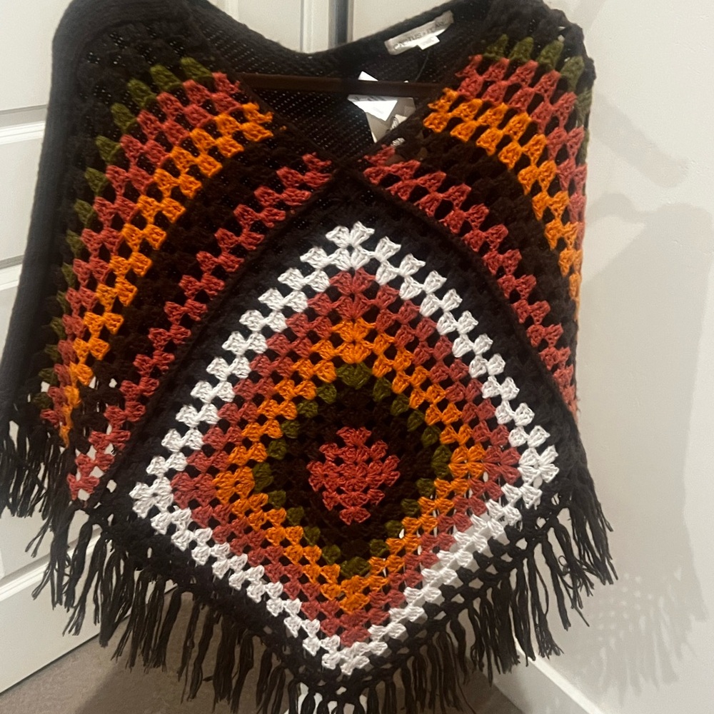 Colorful Crochet Poncho with Fringe BNWT